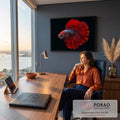 Peixe betta halfmoon vermelho com nadadeiras longas e escamas azuis em fundo preto, quadro decorativo