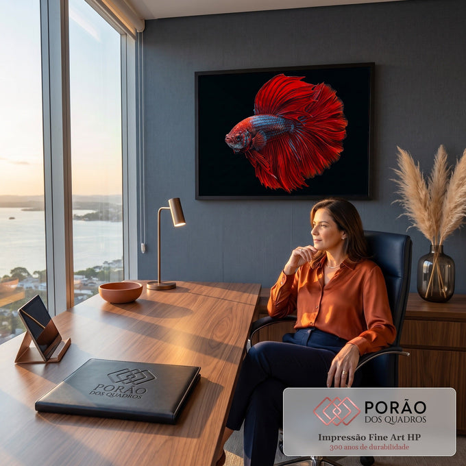 Peixe betta halfmoon vermelho com nadadeiras longas e escamas azuis em fundo preto, quadro decorativo