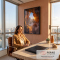 Gruta de arenito laranja no deserto com raios de sol atravessando a abertura, quadro decorativo
