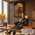 Quadro Decorativo Grande Leão Caminhando para Sala Marrom | quadros decorativos | leão caminhando com juba dourada diante de uma lua gigante em tons âmbar | em ambiente 2 | Porao dos Quadros