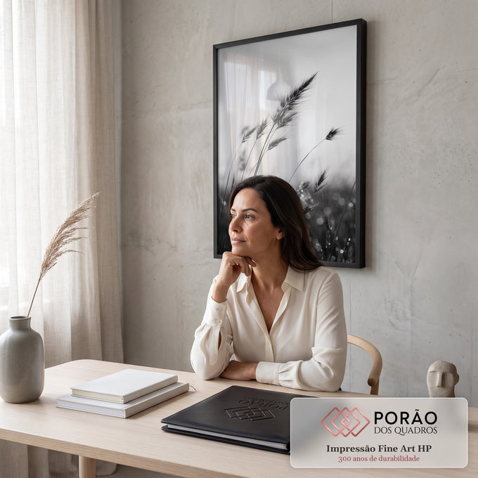 Espigas de capim selvagem ao vento com gotas de orvalho em fotografia preto e branco, quadro decorativo