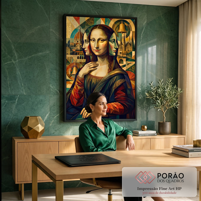Quadro Decorativo Grande Mona Lisa Cubista para Sala Dourado | quadros decorativos | releitura cubista da Mona Lisa com mosaico dourado e torres góticas ao fundo | em ambiente 2 | Porao dos Quadros