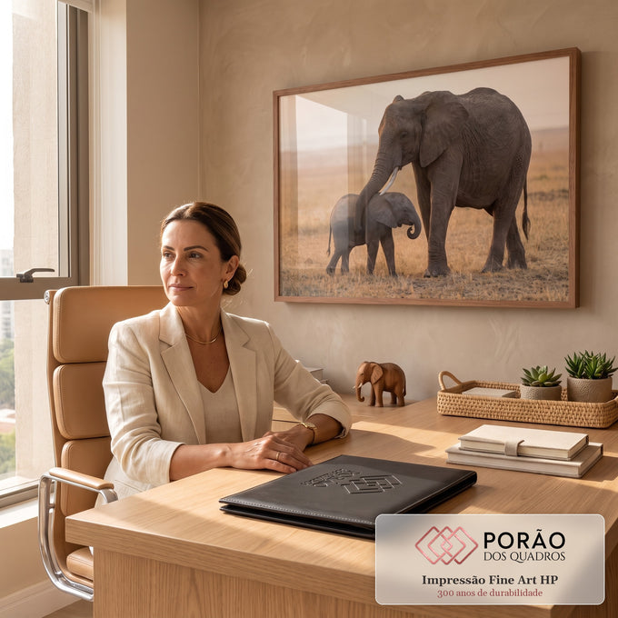 Quadro Decorativo Grande Elefanta e Filhote para Sala Bege | quadros decorativos | elefanta envolve filhote com a tromba em savana ao entardecer | em ambiente 2 | Porao dos Quadros
