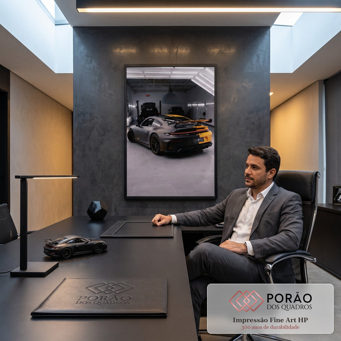 Quadro Decorativo Grande Esportivo Fosco para Sala Preto | quadros decorativos | vista traseira de carro esportivo preto fosco com faixas amarelas em garagem industrial | em ambiente 2 | Porao dos Quadros