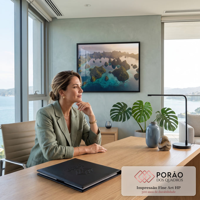 Quadro Decorativo Grande Arquipélago Tropical para Sala Azul | quadros decorativos | vista aérea de ilhas verdes cercadas por mar turquesa ao entardecer | em ambiente 2 | Porao dos Quadros
