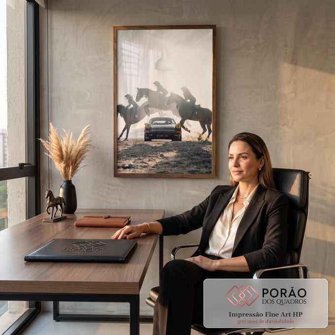 Três cowgirls em cavalos saltando ao redor de um Porsche preto clássico no deserto, quadro decorativo