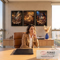 Quadro Decorativo Kit 3 Telas Última Ceia de Jesus para Sala | quadros decorativos | cena da Última Ceia com Jesus e apóstolos à mesa, velas e cálice dourado | em ambiente 2 | Porao dos Quadros