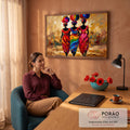 Três mulheres africanas de costas com potes coloridos na cabeça em pintura a óleo dourada, quadro decorativo