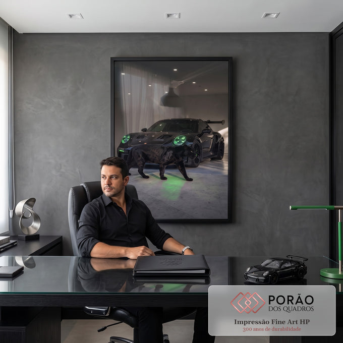 Quadro Decorativo Grande Pantera Negra e Carro para Sala | quadros decorativos | pantera negra caminhando à frente de carro esportivo preto com faróis verde neon | em ambiente 2 | Porao dos Quadros