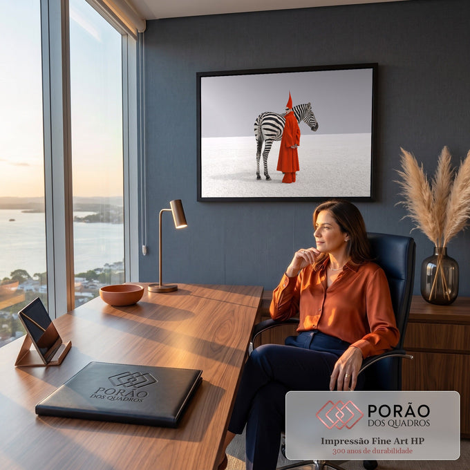 Mulher de casaco vermelho e chapéu cônico ao lado de zebra em planície branca, arte surreal, quadro decorativo
