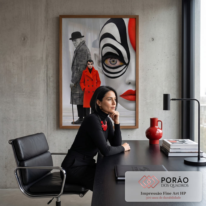Rosto gigante pintado em listras pretas, batom vermelho e casal vintage de casaco, quadro decorativo