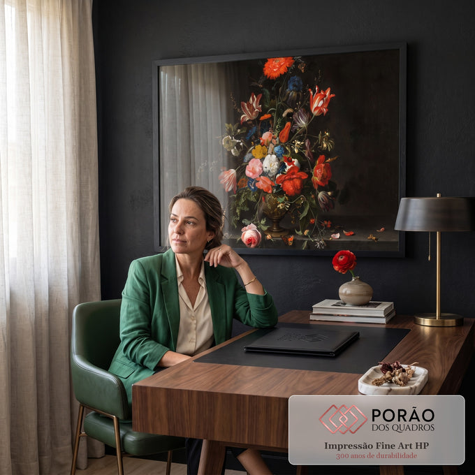Quadro Decorativo Grande Buquê Clássico de Flores para Sala | quadros decorativos | buquê clássico de tulipas, rosas e papoulas em vaso dourado sobre fundo escuro | em ambiente 2 | Porao dos Quadros