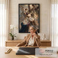 Quadro Decorativo Grande Cristo Crucificado para Sala Branco | quadros decorativos | Cristo crucificado com coroa de espinhos amparado por dois anjos e mulher orando | em ambiente 2 | Porao dos Quadros