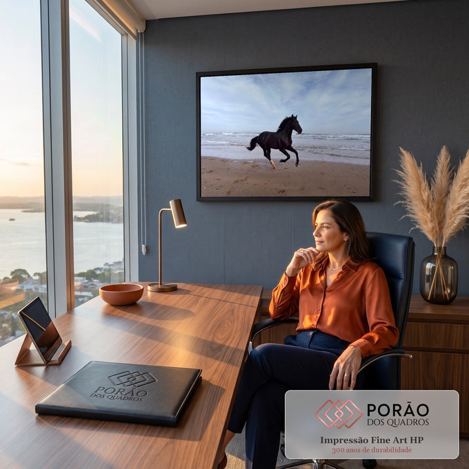 Quadro Decorativo Grande Cavalo Galopando Praia para Sala | quadros decorativos | cavalo preto galopando em praia com ondas e céu nublado ao fundo | em ambiente 2 | Porao dos Quadros