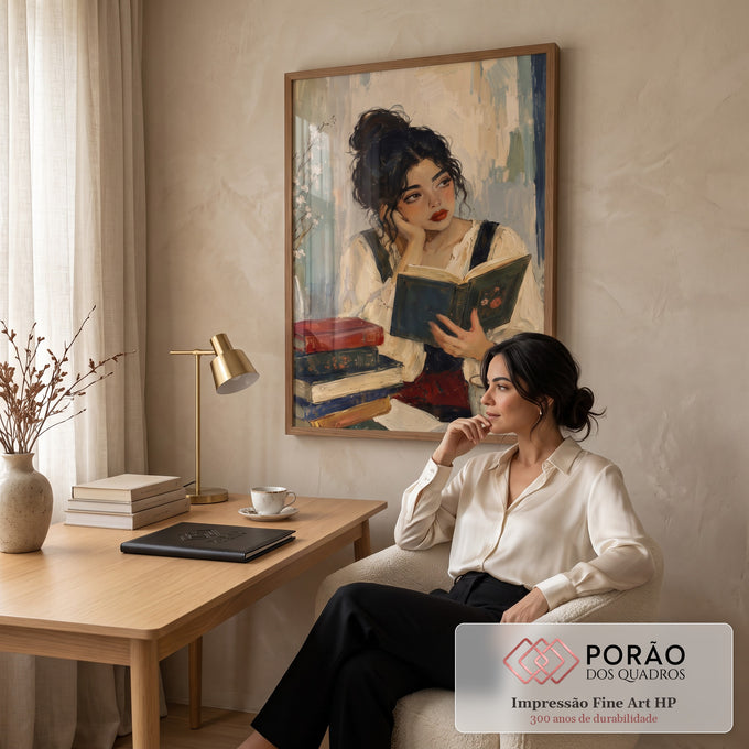 Quadro Decorativo Grande Mulher Lendo Livro para Sala Bege | quadros decorativos | mulher de cabelo preso lendo livro cercada de livros e flores em estilo impressionista | em ambiente 2 | Porao dos Quadros