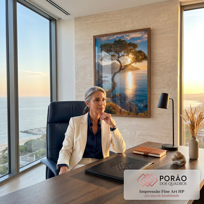 Quadro Decorativo Grande Pinheiro ao Pôr do Sol para Sala | quadros decorativos | pinheiro retorcido sobre falésia com pôr do sol dourado refletido no mar | em ambiente 2 | Porao dos Quadros