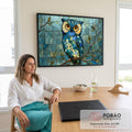 Quadro Decorativo Grande Coruja para Sala Azul | quadros decorativos | coruja em mosaico de vidro azul com olhos dourados pousada em galho metálico | em ambiente 2 | Porao dos Quadros