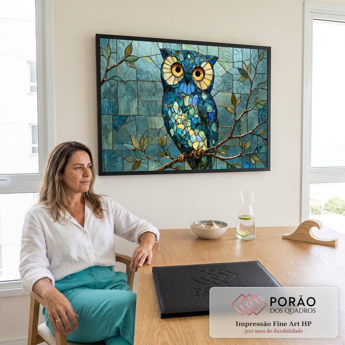 Quadro Decorativo Grande Coruja para Sala Azul | quadros decorativos | coruja em mosaico de vidro azul com olhos dourados pousada em galho metálico | em ambiente 2 | Porao dos Quadros