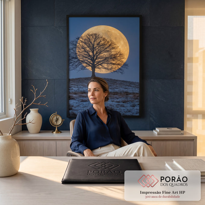 Lua cheia dourada gigante atrás de árvore sem folhas em colina com neve e céu azul, quadro decorativo