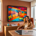 Quadro Decorativo Grande Vila Toscana para Sala Laranja | quadros decorativos | vila toscana estilizada com telhados azuis sobre colinas coloridas em laranja e vermelho | em ambiente 2 | Porao dos Quadros