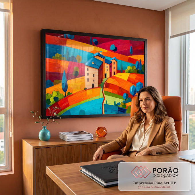 Quadro Decorativo Grande Vila Toscana para Sala Laranja | quadros decorativos | vila toscana estilizada com telhados azuis sobre colinas coloridas em laranja e vermelho | em ambiente 2 | Porao dos Quadros