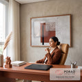 Bloco terracota, faixa preta e trama branca sobre concreto cinza em estilo Bauhaus, quadro decorativo