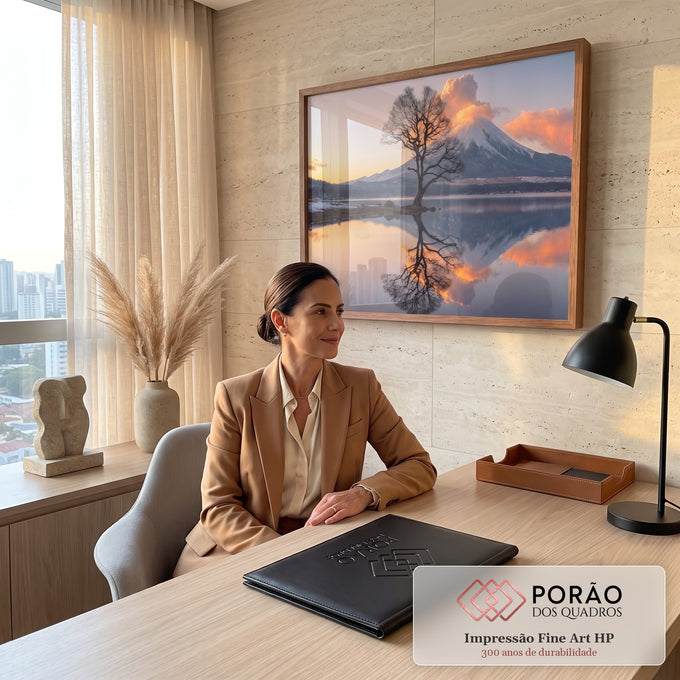 Quadro Decorativo Grande Árvore Solitária para Sala Azul | quadros decorativos | árvore seca refletida em lago calmo com montanha nevada ao fundo em tons de pôr do sol | em ambiente 2 | Porao dos Quadros