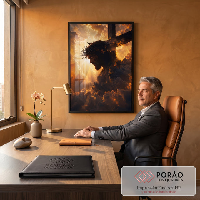 Quadro Decorativo Grande Jesus Espinhos para Sala | quadros decorativos | silhueta de Jesus com coroa de espinhos contra céu dourado dramático e cruz de madeira | em ambiente 2 | Porao dos Quadros