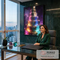 Torre escalonada de mármore verde e vidro neon colorido sobre nebulosa roxa, quadro decorativo