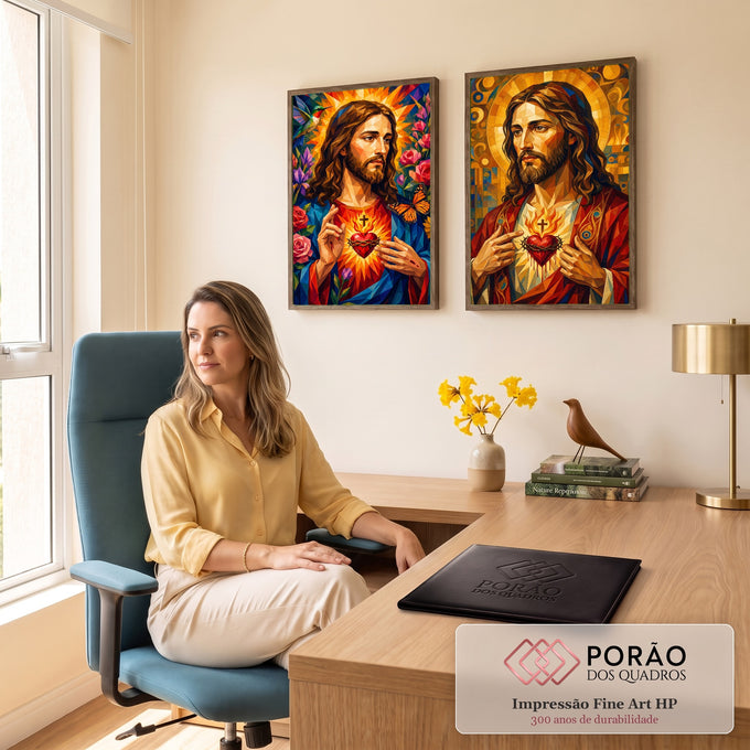 Quadro Decorativo Kit 2 Telas Sagrado Coração para Sala | quadros decorativos | Jesus Cristo com Sagrado Coração em estilo geométrico dourado e azul, duas telas | em ambiente 2 | Porao dos Quadros