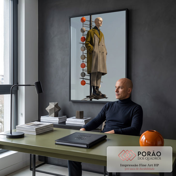 Homem careca de sobretudo verde e xadrez sobre poste com esferas laranja no céu azul, quadro decorativo