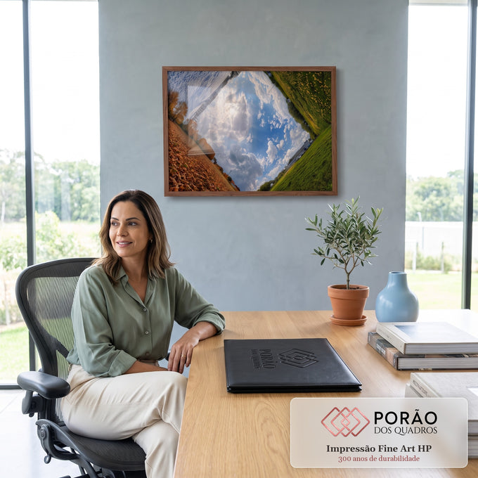 Quadro Decorativo Grande Céu com Nuvens para Sala Azul | quadros decorativos | céu azul com nuvens e sol cercado por paisagens de outono e primavera em simetria | em ambiente 2 | Porao dos Quadros