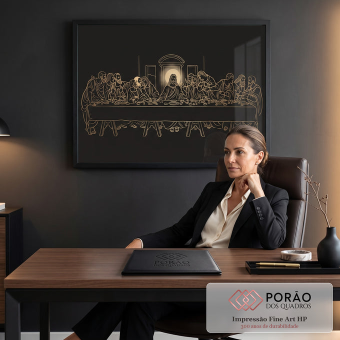 Santa Ceia em traço dourado fino sobre fundo preto, Jesus com auréola e apóstolos à mesa, quadro decorativo