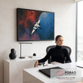 Quadro Decorativo Grande Nave Espacial Branca para Sala Azul | quadros decorativos | nave espacial branca sobrevoando planeta azul com nebulosa vermelha ao fundo | em ambiente 2 | Porao dos Quadros