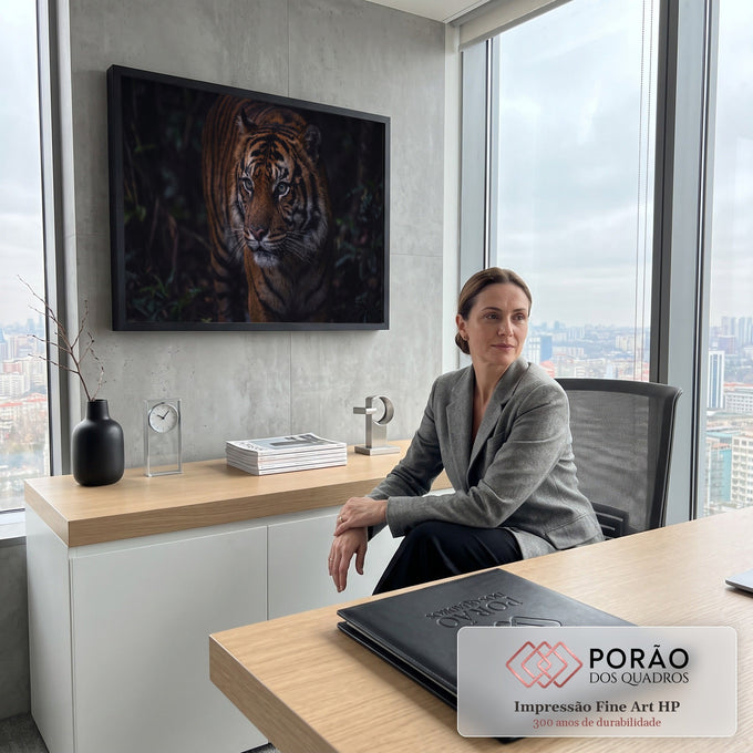 Quadro Decorativo Grande Tigre de Olhos para Sala Laranja | quadros decorativos | tigre olhando fixamente com olhos verdes em fundo de floresta escura | em ambiente 2 | Porao dos Quadros