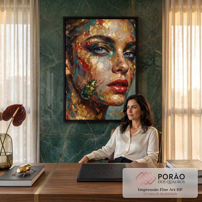 Rosto de mulher em pintura a óleo com folhas de ouro, lábios vermelhos e besouro verde, quadro decorativo