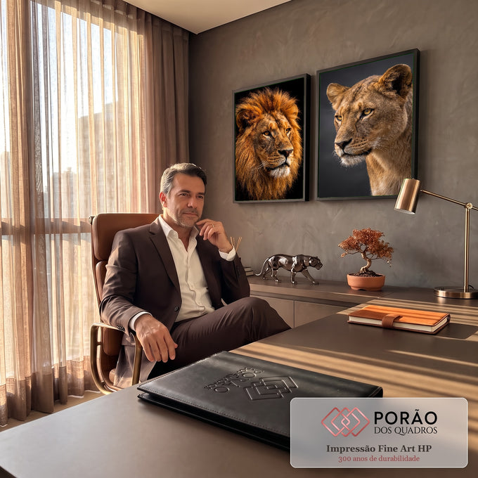 Quadro Decorativo Kit 2 Telas Leão e Leoa para Sala Marrom | quadros decorativos | retrato de leão com juba dourada e leoa em fundos escuros contrastantes | em ambiente 2 | Porao dos Quadros