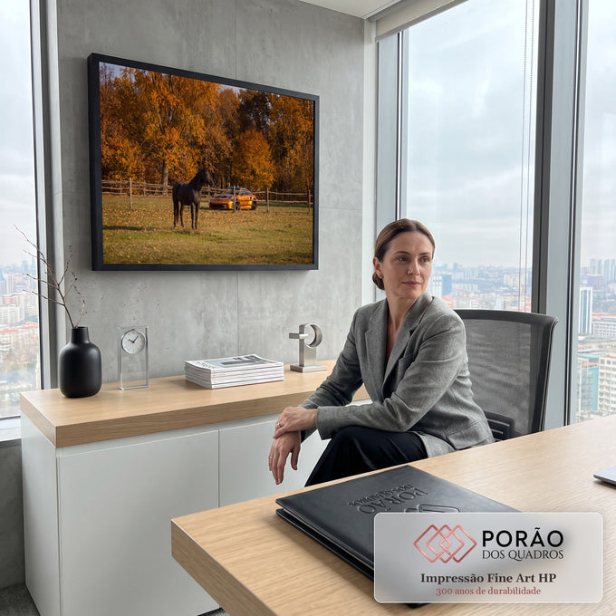 Cavalo preto no pasto com Porsche laranja e árvores de outono ao fundo, quadro decorativo