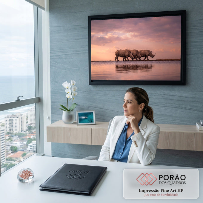 Três rinocerontes caminhando sob céu rosa ao pôr do sol, refletidos na água calma, quadro decorativo