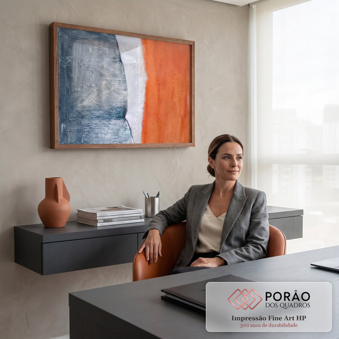 Quadro Decorativo Grande Abstrato Branco para Sala Cinza | quadros decorativos | blocos de cor cinza, branco e laranja em textura espessa de tinta | em ambiente 2 | Porao dos Quadros