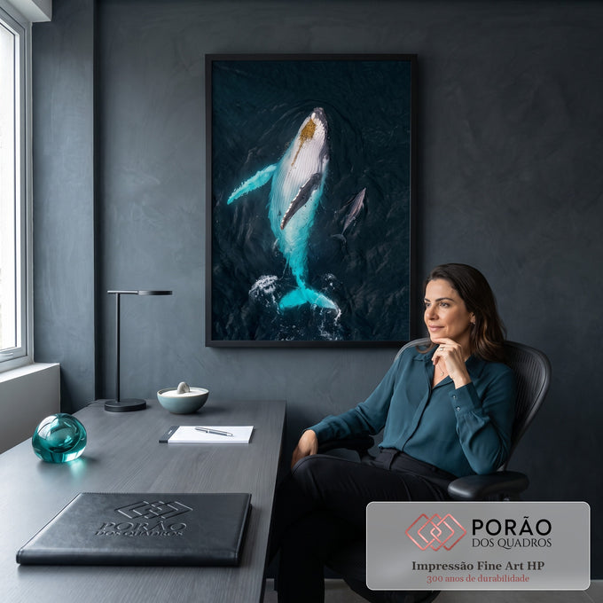 Baleia jubarte vista do alto com golfinho ao lado em mar azul escuro e água turquesa, quadro decorativo