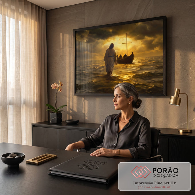 Quadro Decorativo Grande Jesus Milagre Biblico para Sala | quadros decorativos | Jesus caminhando sobre o mar em direção a um barco, céu dourado dramático | em ambiente 2 | Porao dos Quadros