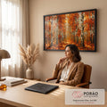 Quadro Decorativo Grande Floresta de Bétulas para Sala | quadros decorativos | floresta de bétulas com folhagem laranja e vermelha outonal em trilha iluminada | em ambiente 2 | Porao dos Quadros