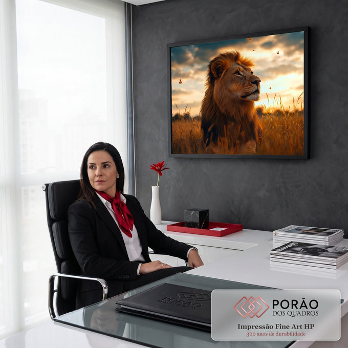 Leão de juba dourada olhando o céu na savana ao pôr do sol, cercado de borboletas, quadro decorativo