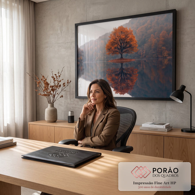 Quadro Decorativo Grande Árvore Refletida Lago para Sala | quadros decorativos | árvore de outono laranja refletida em lago calmo com neblina ao fundo | em ambiente 2 | Porao dos Quadros