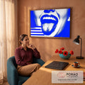 Quadro Decorativo Grande Boca Aberta para Sala Azul | quadros decorativos | boca aberta com dentes e língua em efeito halftone azul e branco | em ambiente 2 | Porao dos Quadros