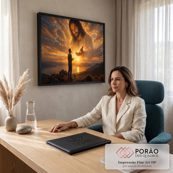Jesus nas nuvens douradas estendendo a mão a homem orando sobre lago ao pôr do sol, quadro decorativo