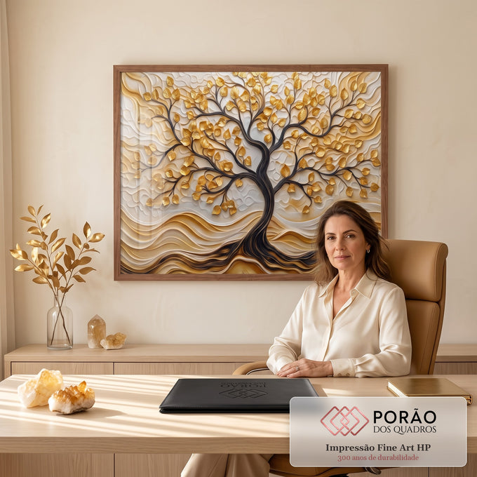 Quadro Decorativo Grande Árvore da Folhas Douradas para Sala | quadros decorativos | árvore da vida com folhas douradas em relevo sobre fundo bege texturizado | em ambiente 2 | Porao dos Quadros