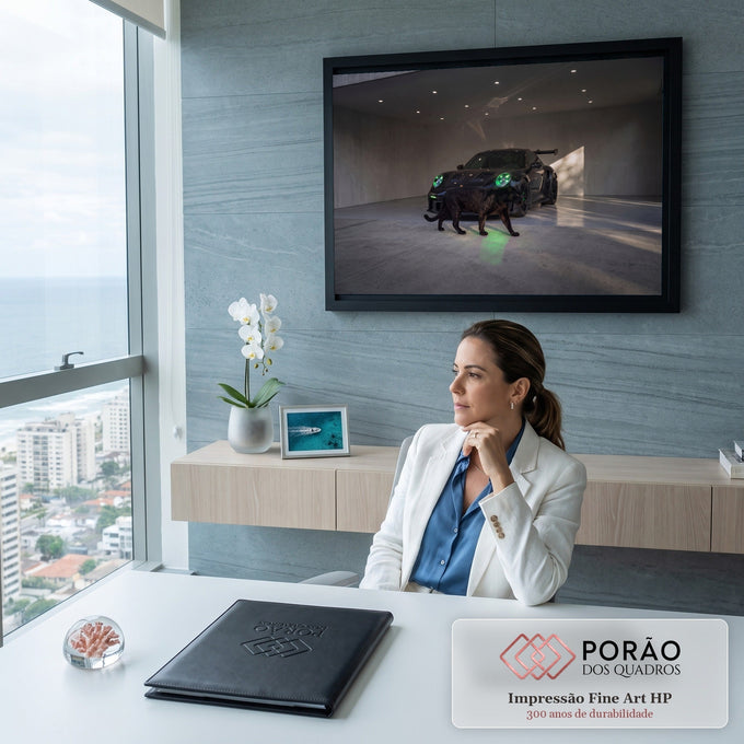 Porsche GT3 preto de faróis verdes em garagem de concreto com pantera negra caminhando, quadro decorativo