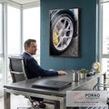 Quadro Decorativo Grande Roda Esportiva para Escritório Azul | quadros decorativos | close de roda esportiva prateada com pinça de freio amarela e pneu preto | em ambiente 2 | Porao dos Quadros